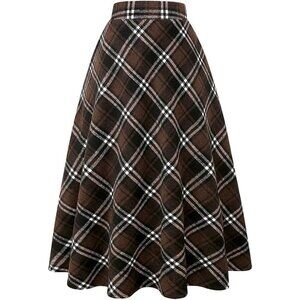 Womens Long Coffee 190Elastic Waist A-Line Pleated Tartan Long Plaid Wool Skirts